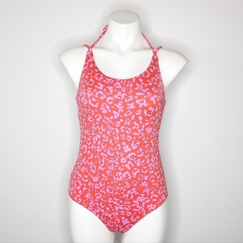Athleta pink red leopard print keyhole back one piece swimsuit S